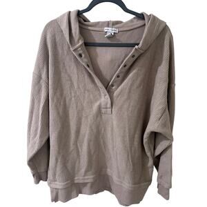 Better Together Women's Oversized Taupe Boho Slouchy Button Front Hoodie, S